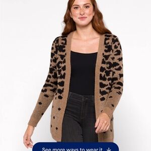 Lefty & Me Women’s XL Leopard Animal Print Open Front Cardigan Tan Black Stitch